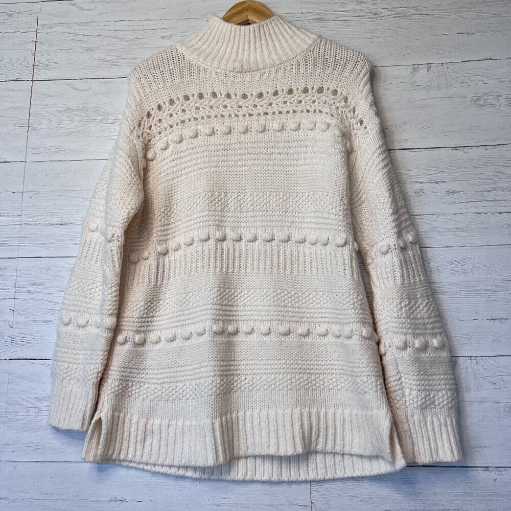 Lou & Grey Sweater Womens Size Small Ivory Chunky Knit Pom Pom Alpaca Blend